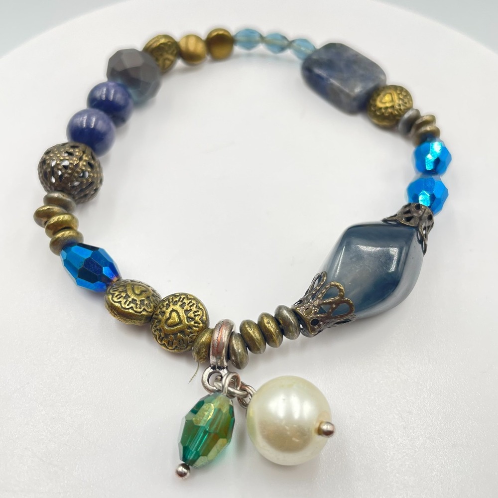 Vintage Boho Blue Glass Natural Stone Beaded Stretch Charm Bracelet Whimsigoth